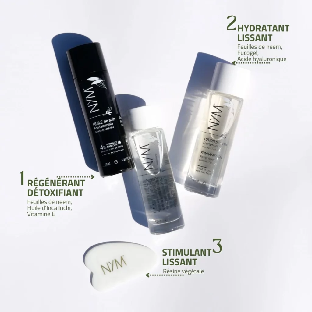 Huile de soin 4% , huile de soin 2%, lotion pré soin au neem et Gua Sha avec résine végétale - NYM Cosmétiques.