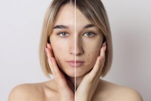 Soin naturel pour l’acné - avant apres femme avec boutons - huile de soin 4% - NYM Cosmétiuqes
