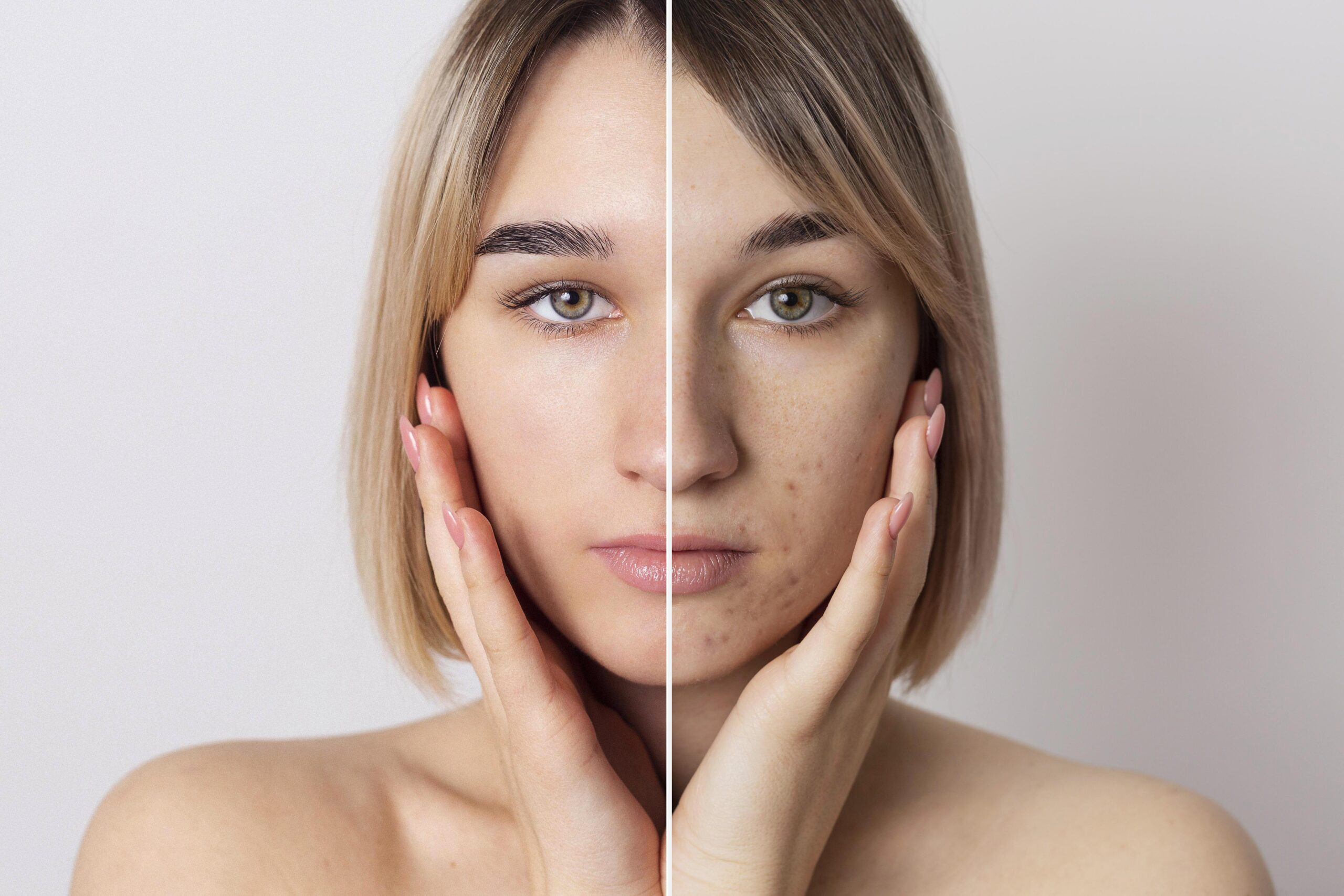 Soin naturel pour l’acné - avant apres femme avec boutons - huile de soin 4% - NYM Cosmétiuqes