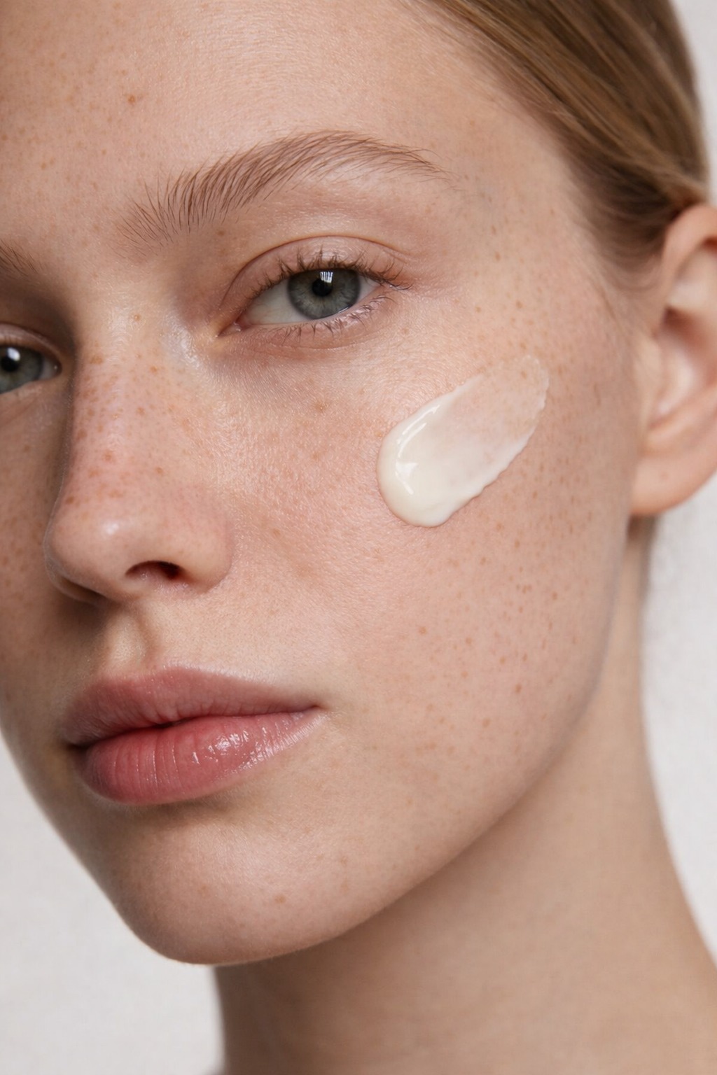 Crème de nuit NYM appliquée sur la jour d'une belle femme rousse avec peau parfaite