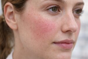 Femme avec les joues rouge : peau sensible et rougeur sur le visage