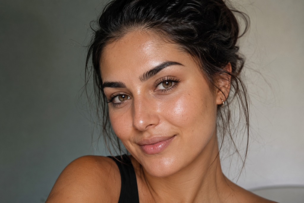 femme qui rit avec peau mixte à grasse
